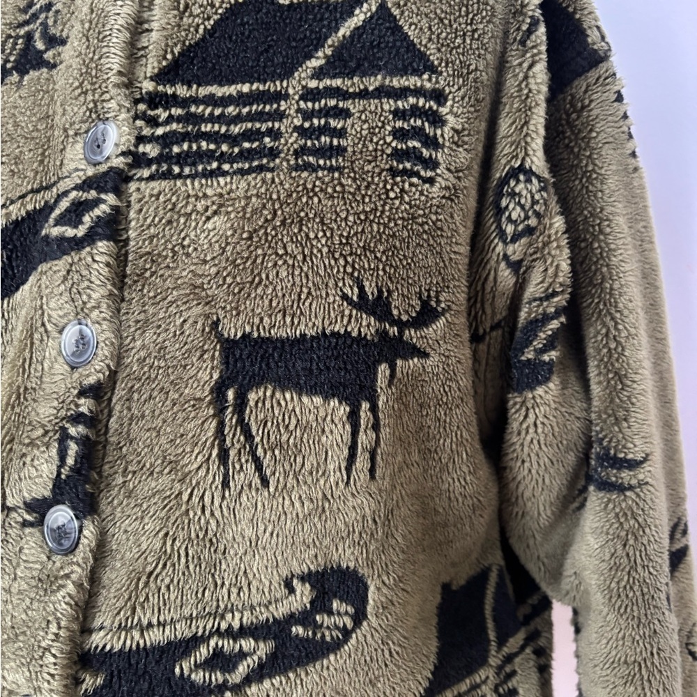 Vintage True Grit Cabin Fever Fleece Jacket Olive Green Nature Print USA Size M - Picture 10 of 10